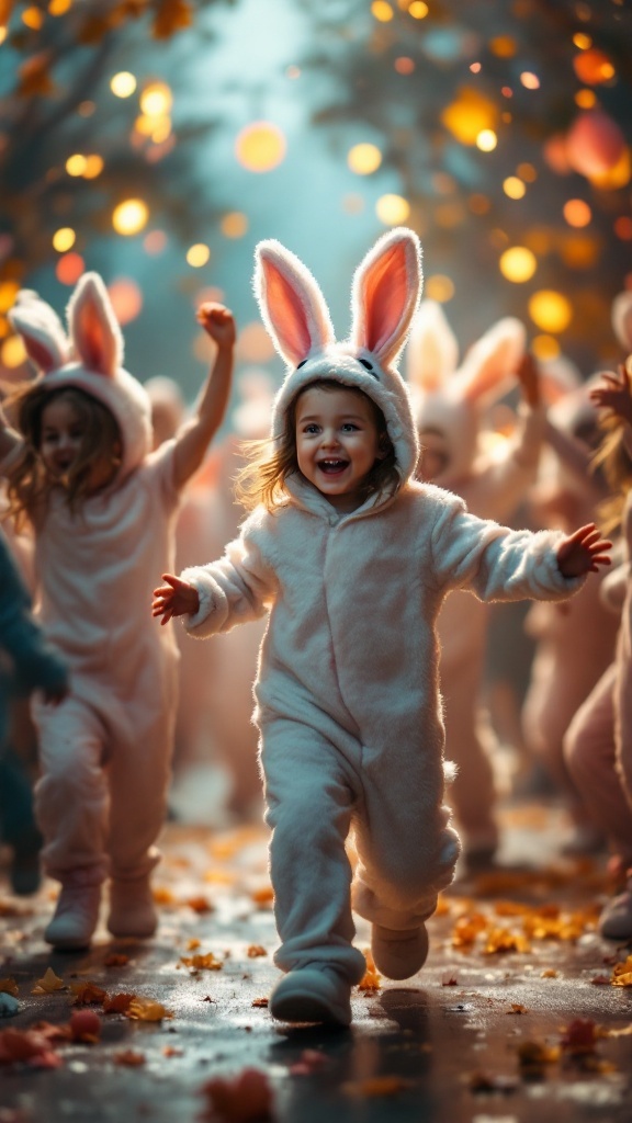 Children in bunny costumes dancing joyfully at a party