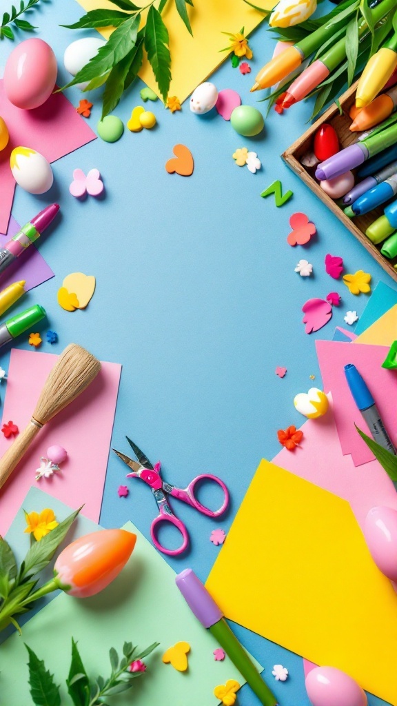 Colorful Easter craft supplies arranged on a table