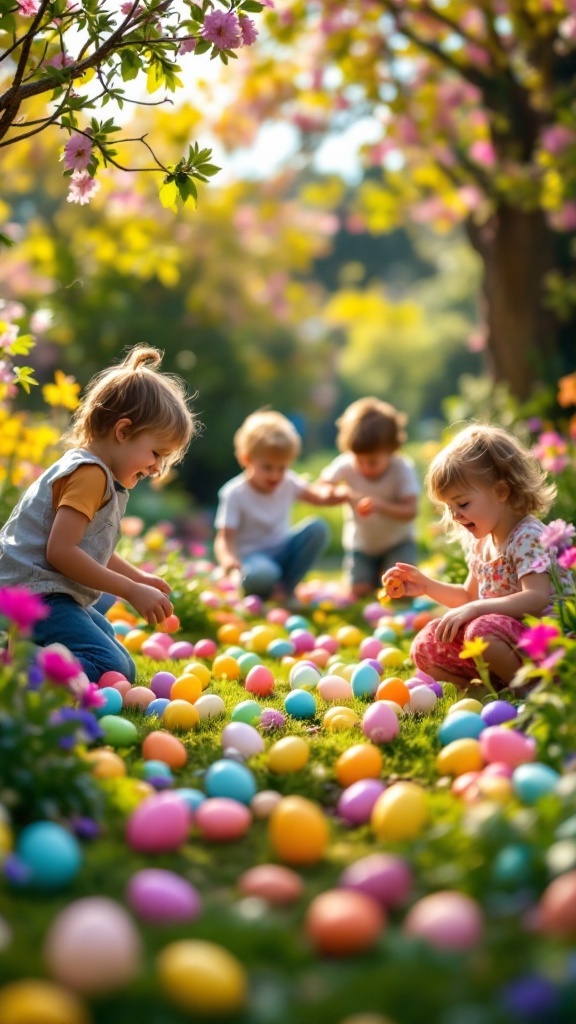 Children participating in an Easter egg hunt with colorful eggs scattered on the grass