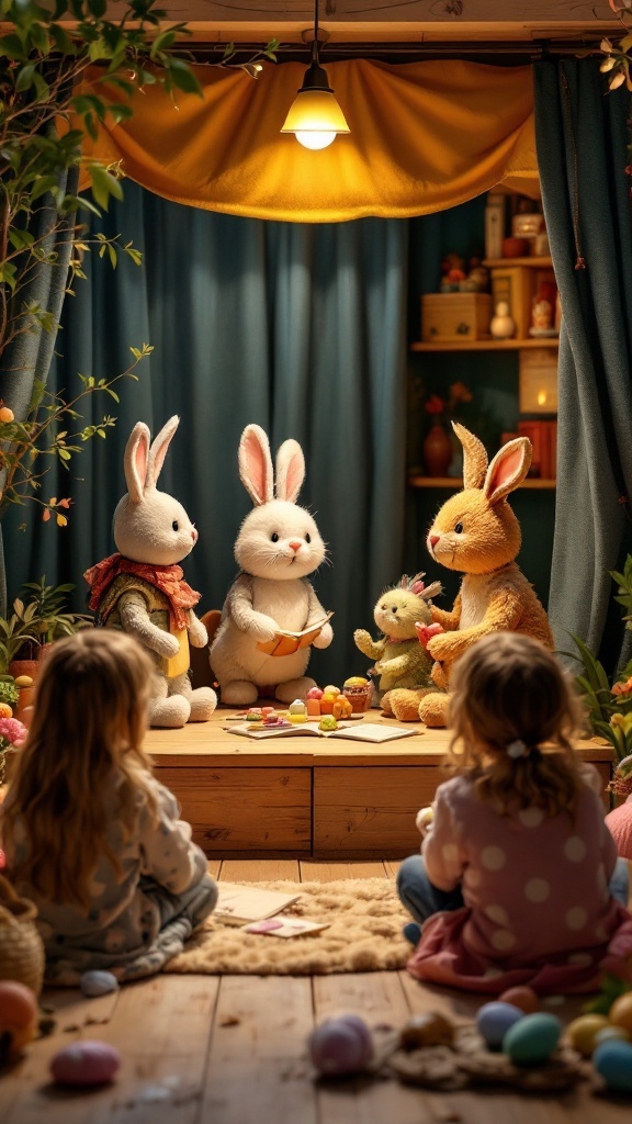 A cozy puppet show setup with bunny puppets and children watching.