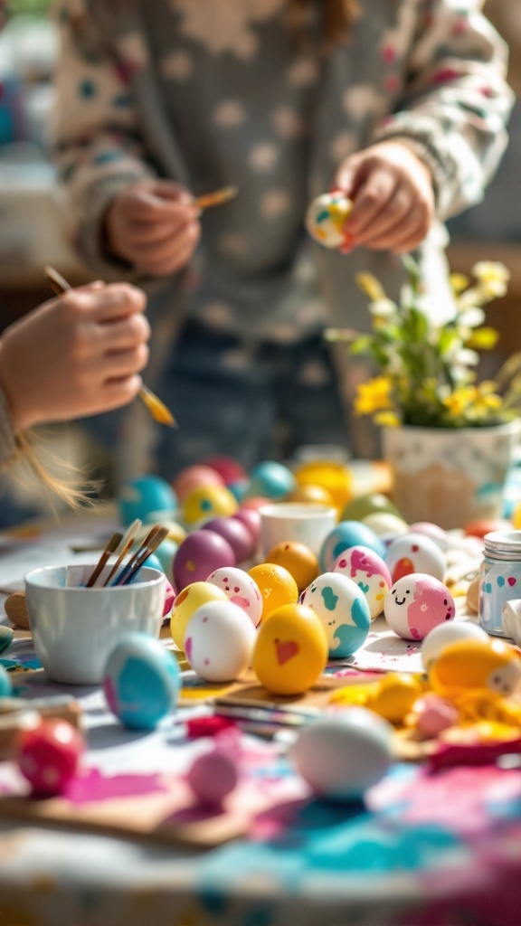 Children painting and decorating colorful Easter eggs on a table