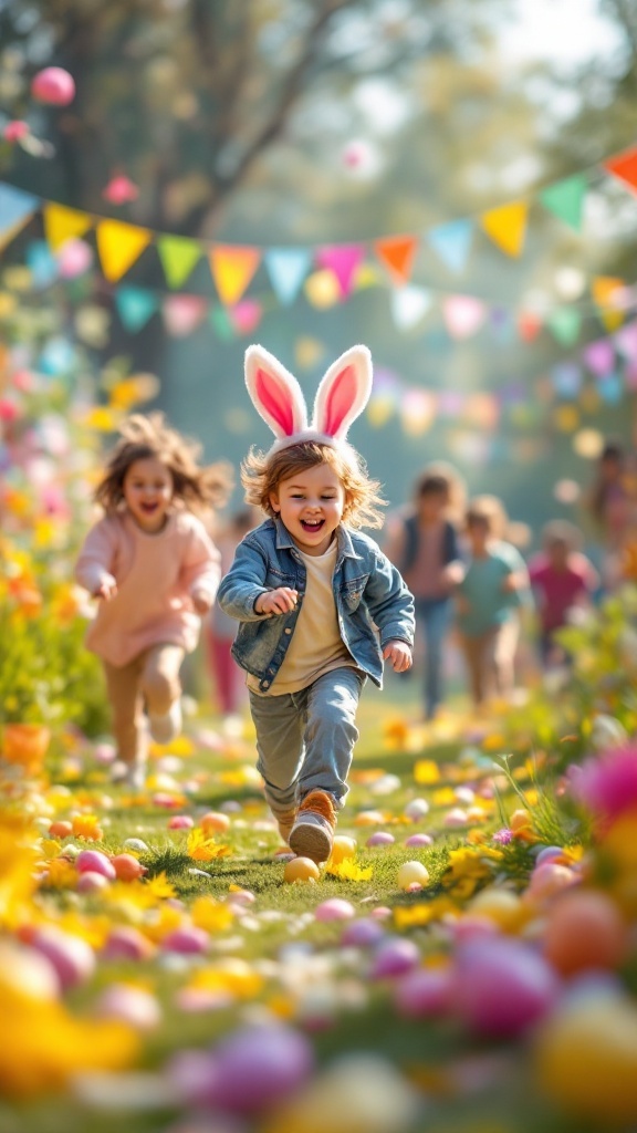 Children running joyfully in an Easter-themed garden, wearing bunny ears, surrounded by colorful eggs and decorations.