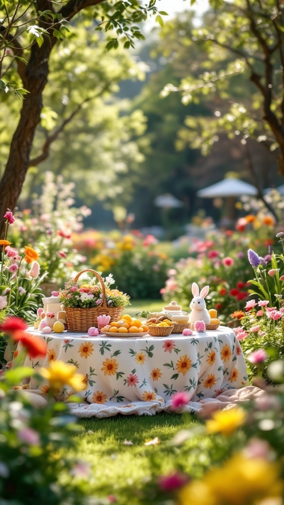 A spring garden picnic setup with a floral tablecloth, a basket of flowers, treats, and a cute bunny decoration, surrounded by colorful flowers.