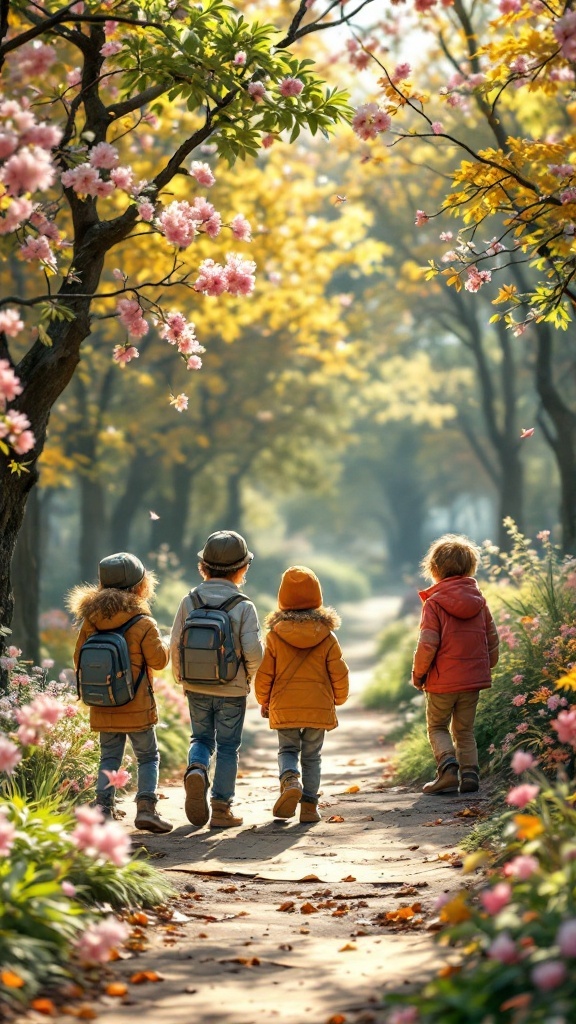 Children walking down a flower-lined path during springtime.