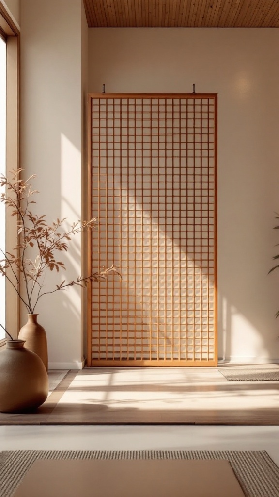 A bamboo divider in a Zen meditation room with floor cushions and soft light.