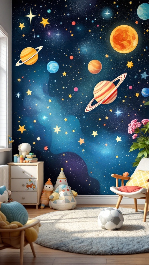 A colorful mural of planets and stars on a child's room wall, with toys and furniture around.