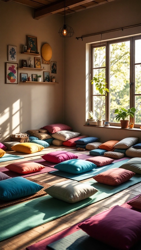 A zen meditation room featuring colorful floor cushions arranged on the floor, with a window letting in natural light.