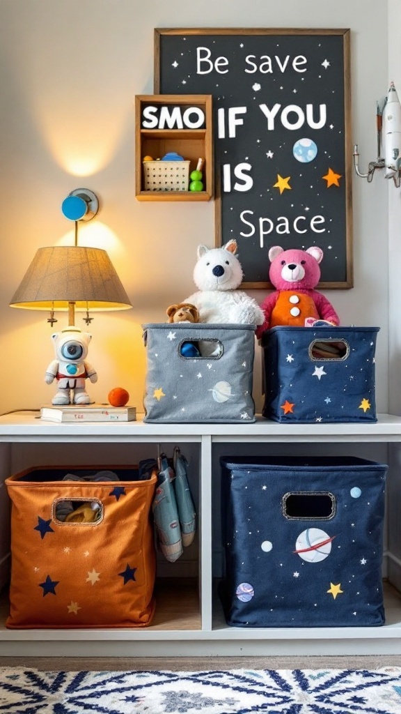 Colorful storage bins with space themes in a kid's room, featuring stuffed animals and a playful sign.