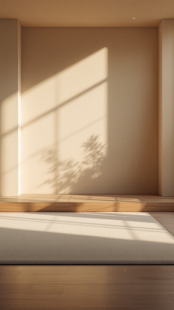 A serene meditation room with soft sunlight casting shadows on warm walls