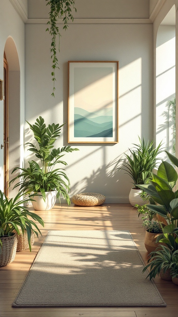 A serene meditation room entrance with plants, a rug, and soft light.