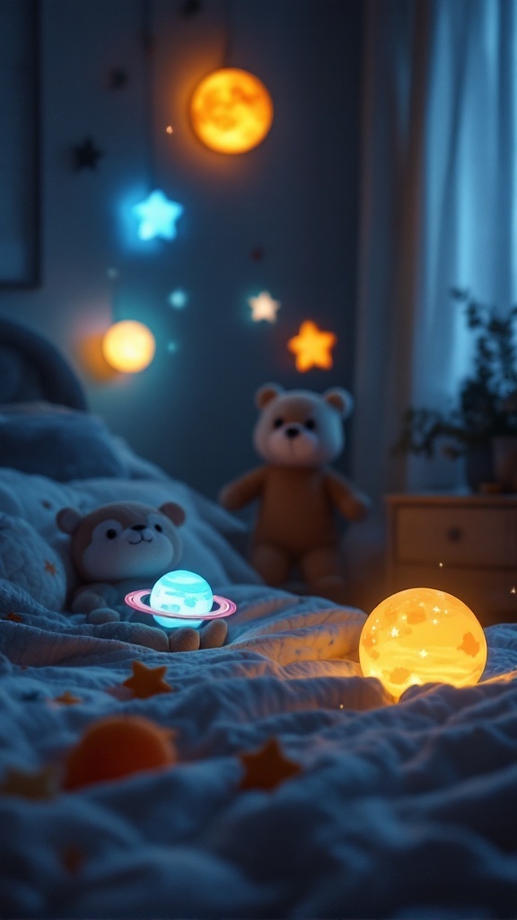 Cozy space-themed kid's room with LED planet mobile and soft toys