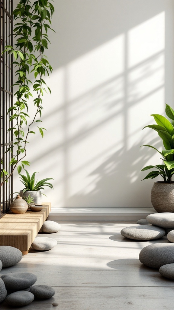 A serene meditation room featuring floor cushions, a bamboo divider, plants, and smooth stones.