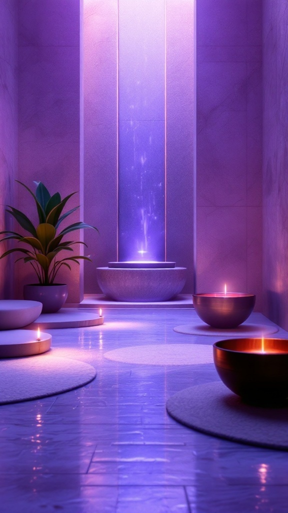 A serene Zen meditation room with floor cushions, a fountain, candles, and a bamboo divider.
