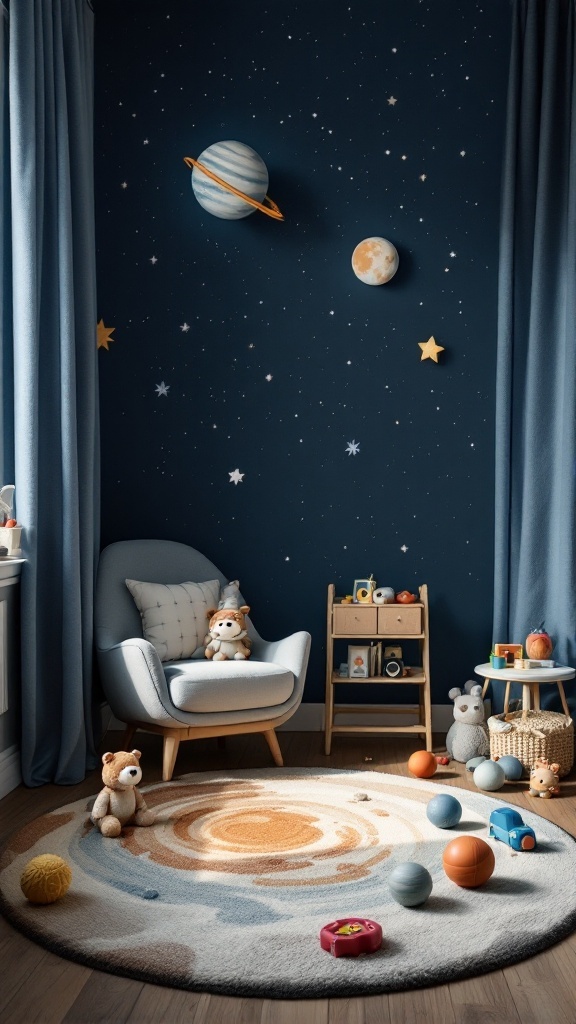 A cozy space-themed children's room with planets on the walls, a plush rug, and toys scattered on the floor.