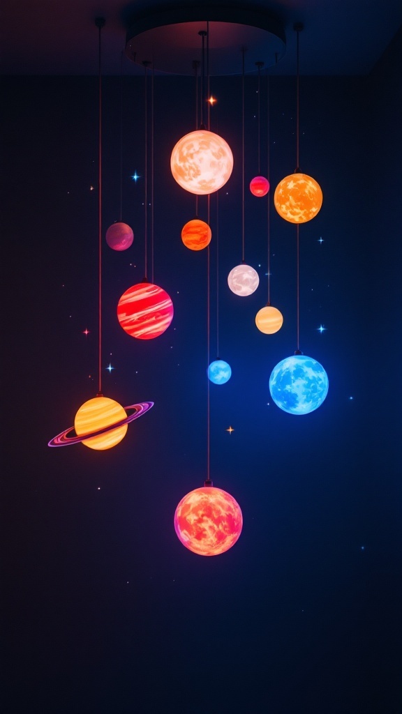 Colorful LED planet mobile hanging from the ceiling, depicting various planets in space.