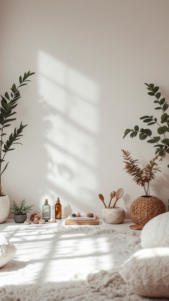 A tranquil meditation space with floor cushions, plants, and decorative elements