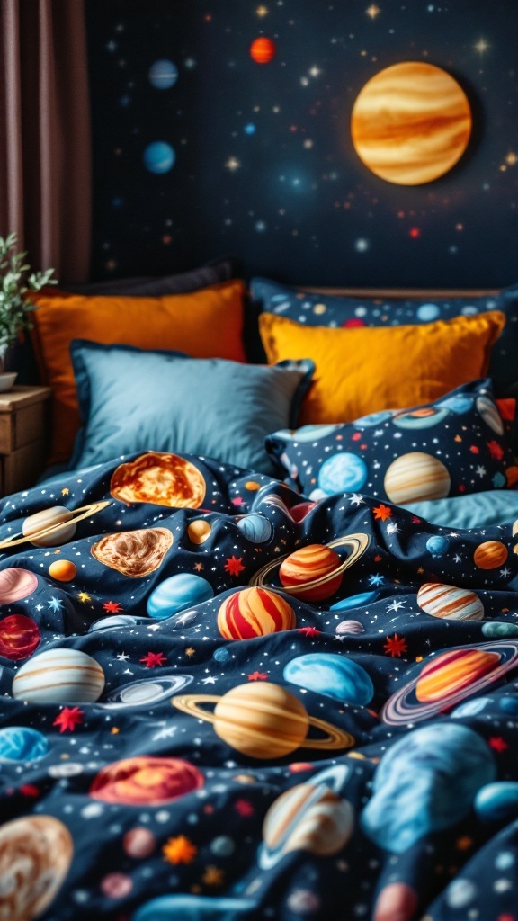 A cozy bed with planetary bedding featuring colorful planets and stars, surrounded by soft pillows in blue and orange, against a dark starry wall.