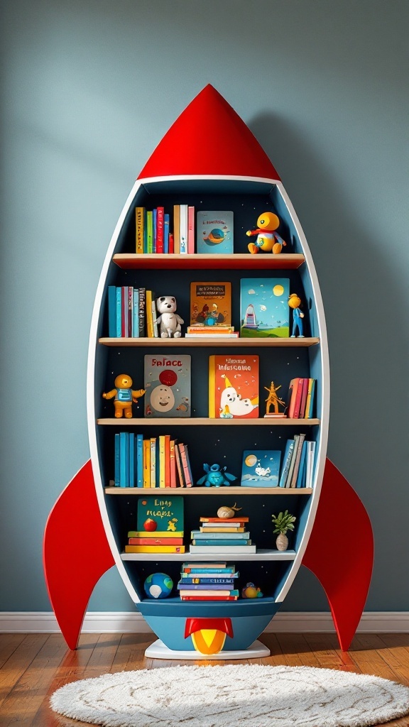 Rocket ship bookshelf filled with colorful books and toys