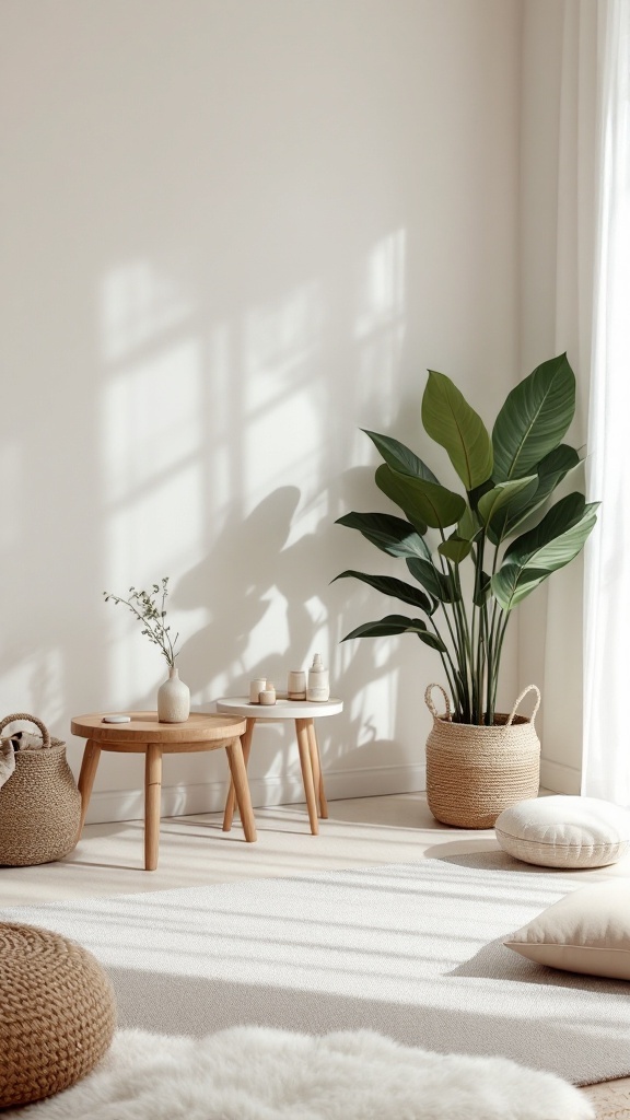 A minimalistic meditation room featuring floor cushions, a bamboo divider, and potted plants.