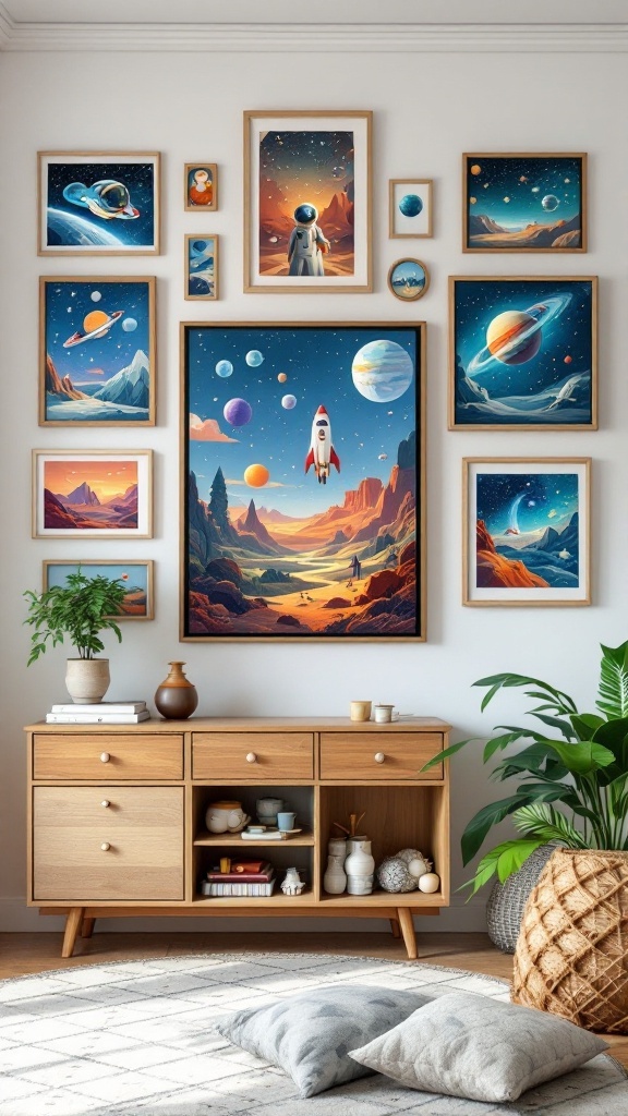 A beautifully arranged space-themed artwork collection on a child's room wall, featuring planets, a rocket, and an astronaut.