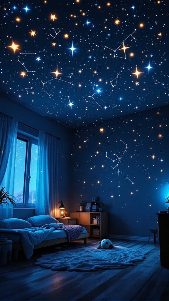 A cozy child's room with a starlit ceiling decorated with glowing stars and constellations.