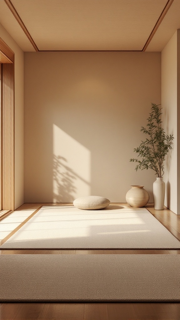 Zen meditation room with floor cushions, bamboo divider, and a plant.