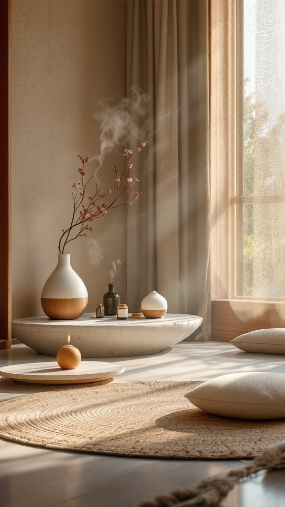 Zen meditation room with floor cushions, bamboo divider, and aromatherapy setup.