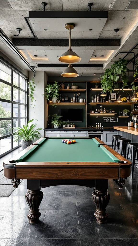 A classic pool table in a modern game room with plants and stylish decor.