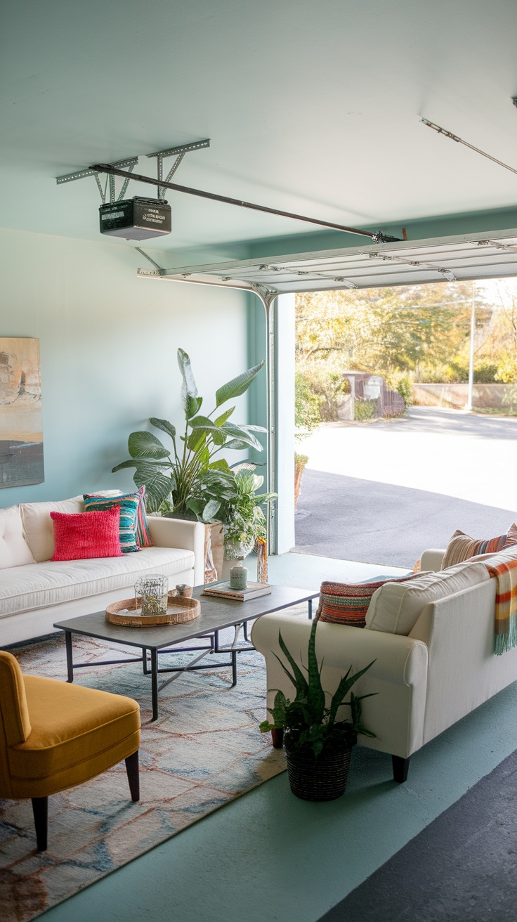 A comfortable lounge area in a garage featuring a white sofa, colorful chairs, and plants.