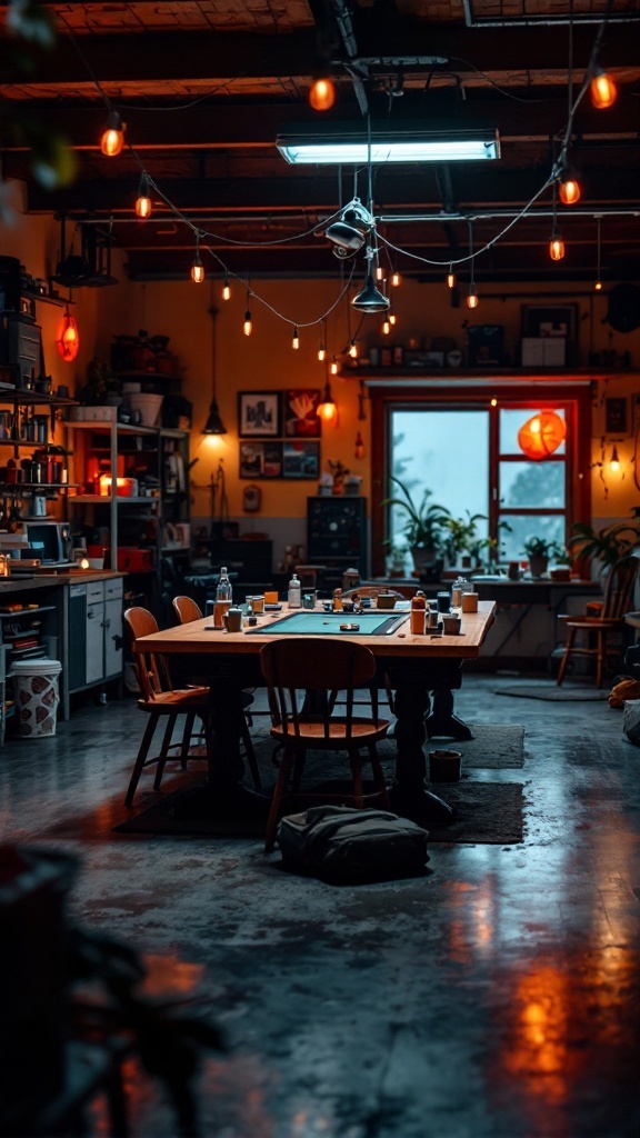 Cozy garage game room with warm lighting and a large table