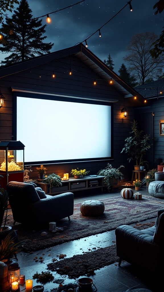 Cozy outdoor movie theater setup with string lights, comfortable seating, and a large screen.