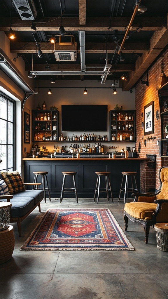 A cozy craft beer lounge with a stylish bar and comfortable seating in a garage game room.