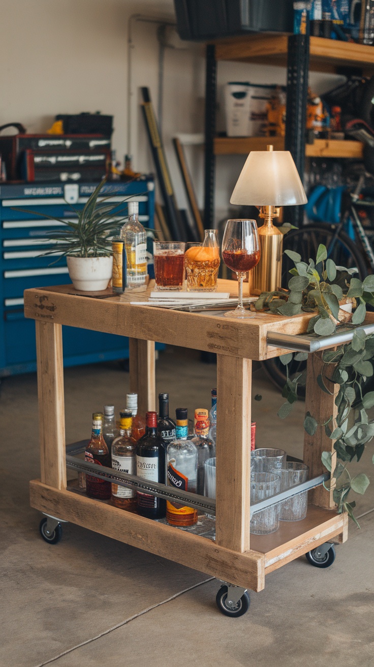 A wooden DIY bar cart with drinks and glasses, set up in a garage space.