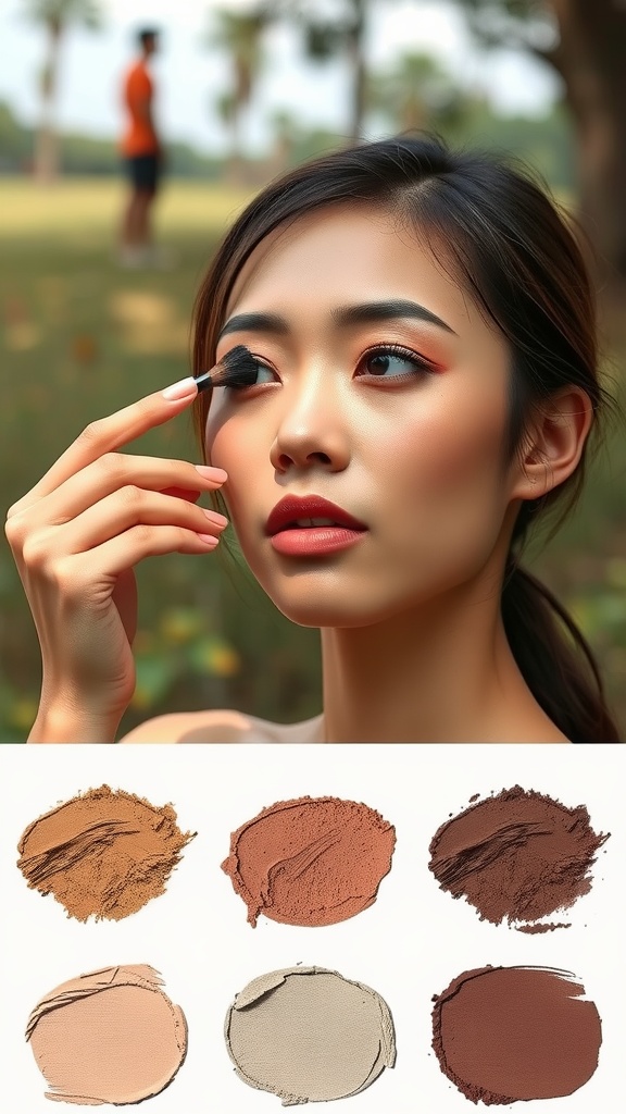 Model showcasing earthy eyeshadow tones with a natural makeup look