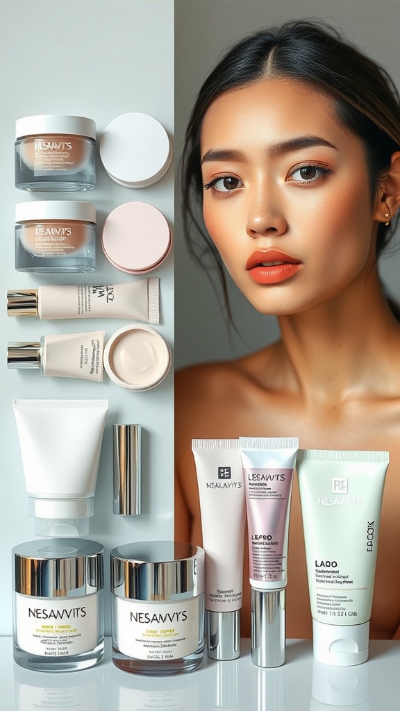 A close-up of a woman's face with cream makeup products arranged around her, showcasing a flushed natural look.