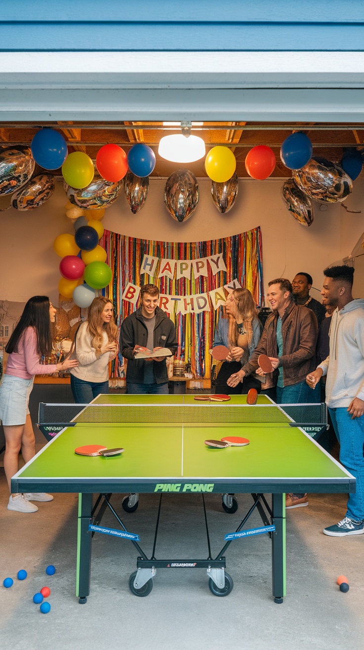 Group of friends playing ping pong in a decorated garage for a birthday celebration.