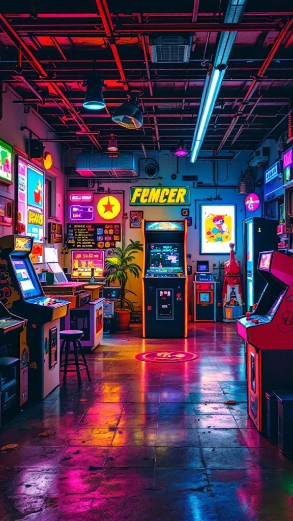 Colorful arcade machines in a vibrant game zone