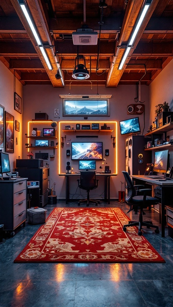 A stylish high-end VR gaming station featuring multiple screens and creative lighting.