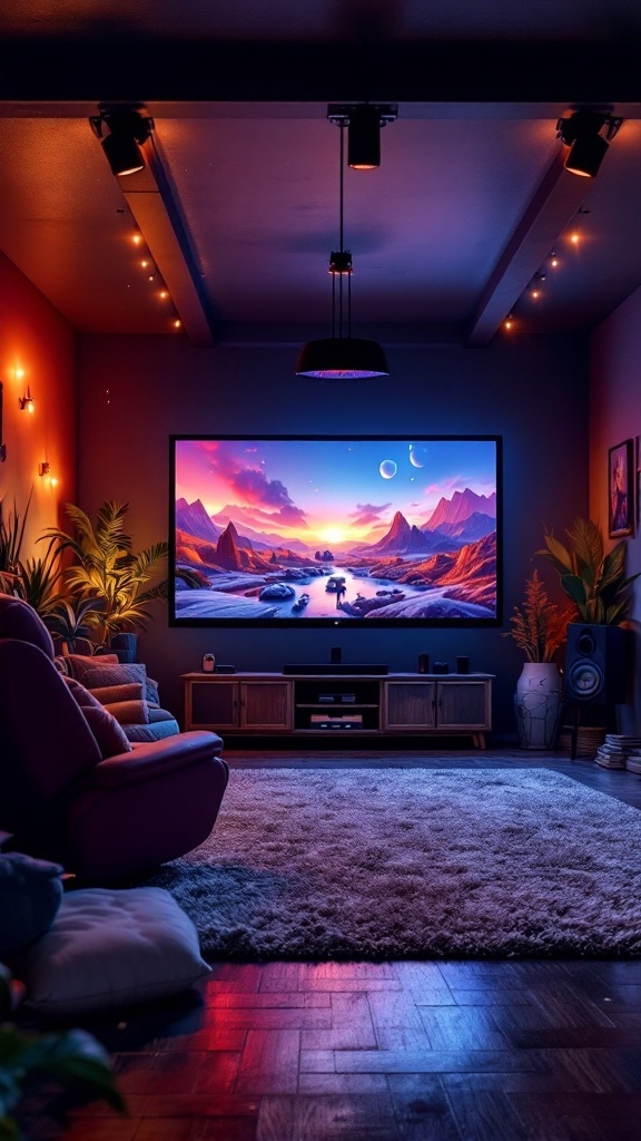 Cozy home theater gaming room with a large screen, comfortable seating, and soft lighting.