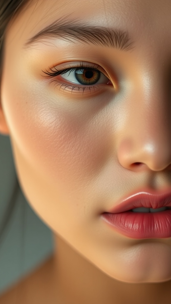 Close-up of a woman's face showcasing a dewy makeup look with radiant skin.