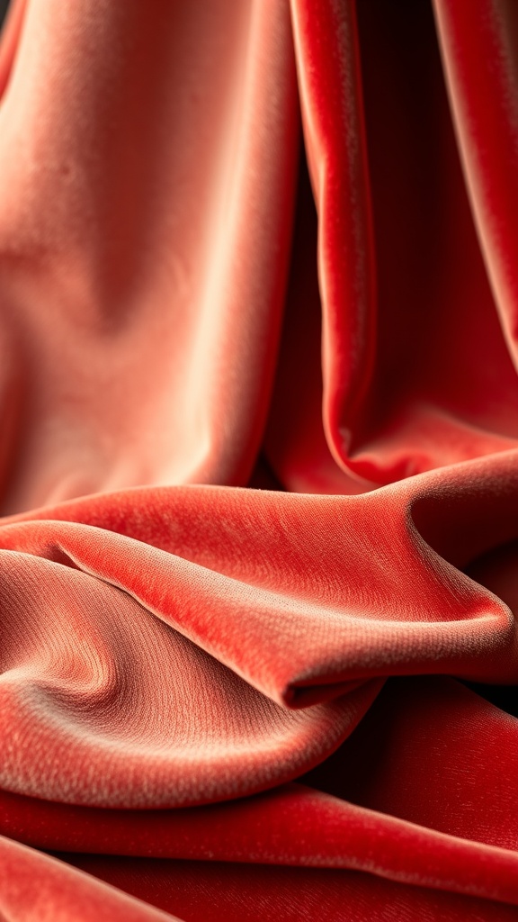 Close-up of soft velvet fabric in shades of coral and red, showcasing its luxurious texture.
