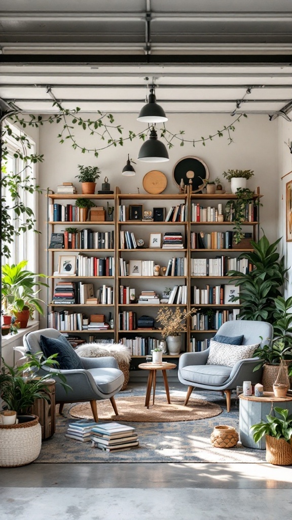 A cozy mini library with bookshelves, plants, and comfortable chairs in a garage setting.