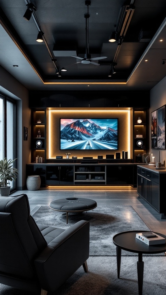 A modern gaming room featuring a large TV, stylish furniture, and ambient lighting