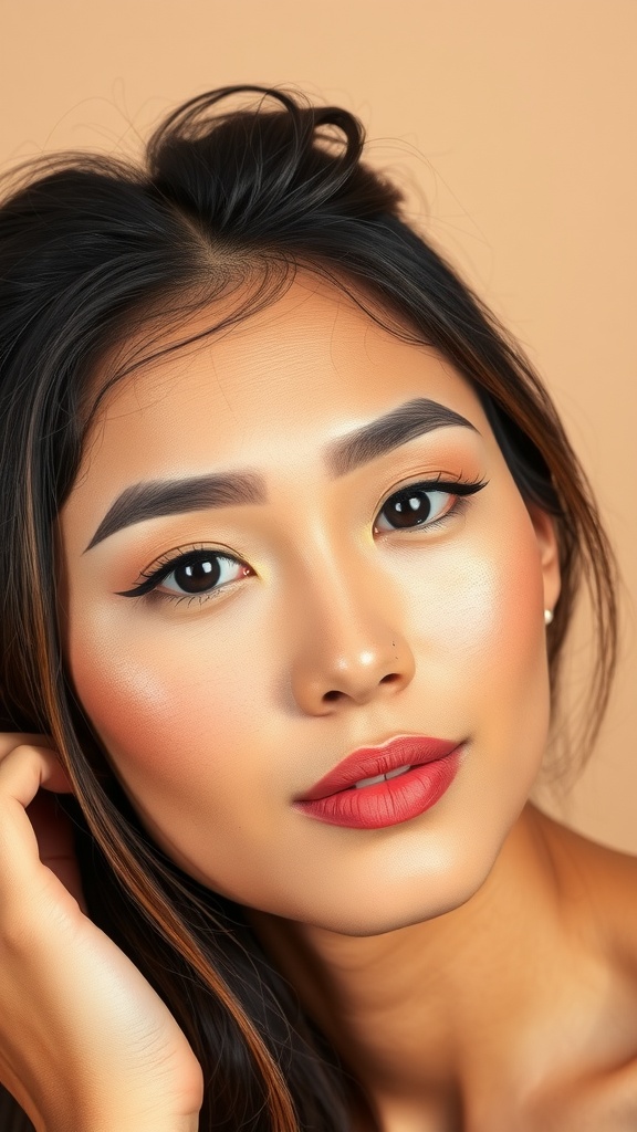 Close-up of a woman's face showcasing natural makeup with defined yet soft brows.