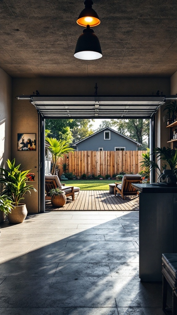 A spacious garage game room with large openings leading to a garden, featuring comfortable seating and plants.