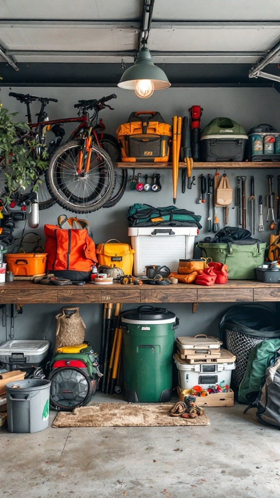 Organized garage space with outdoor gear, bikes, and storage bins.