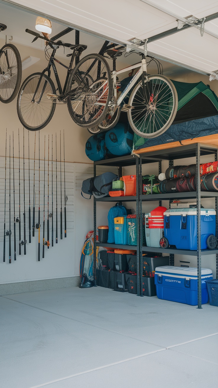 A garage with organized outdoor gear including bikes, fishing rods, and storage bins.