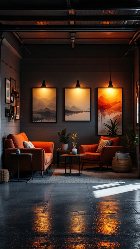 A cozy garage seating area with two orange couches, a coffee table, and wall art.