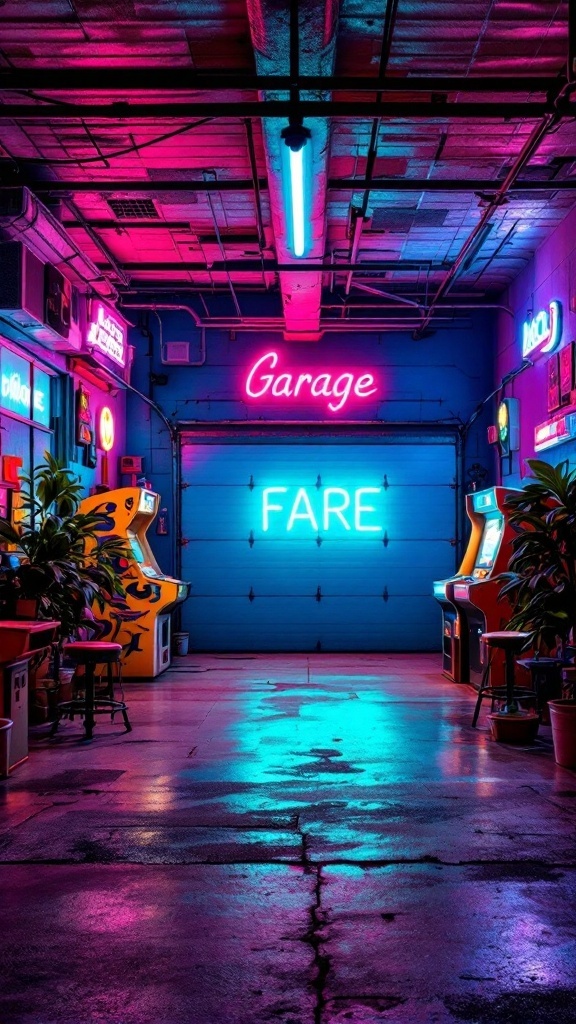 A vibrant garage arcade with neon lights and retro gaming machines.