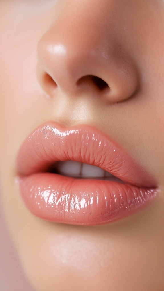 Close-up of glossy rosy lips